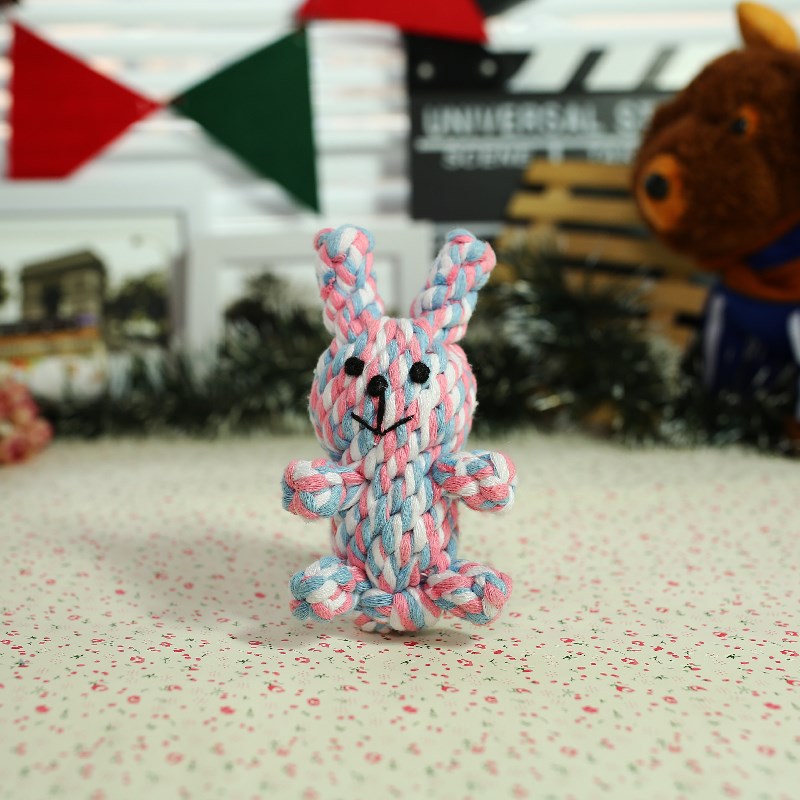 FUENTE fabricante perro juguete tejido a mano resistente a la mordedura nudo mascota juguete lindo conejo forma suministros para mascotas