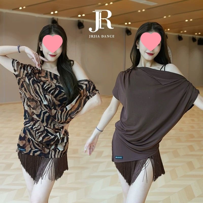 Jia Latin Dance New Style One-Shoulder Short-Sleeve Top Practice Wear for Women, National Standard Dance Dress Cover-Up Dress, Summer Loose Fit for Women