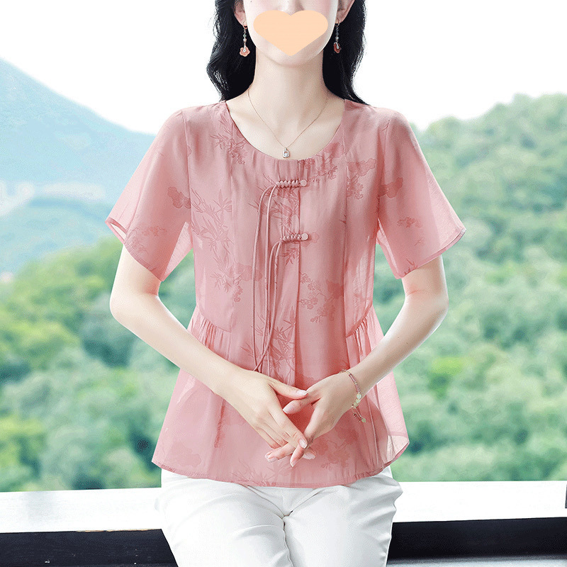 夏の新しい綿とリネンの女性用半袖シャツ、中国風のボタン、年齢を軽減する、ゆったりとした大きいサイズのお腹カバーシャツ、マザーズトップ|undefined