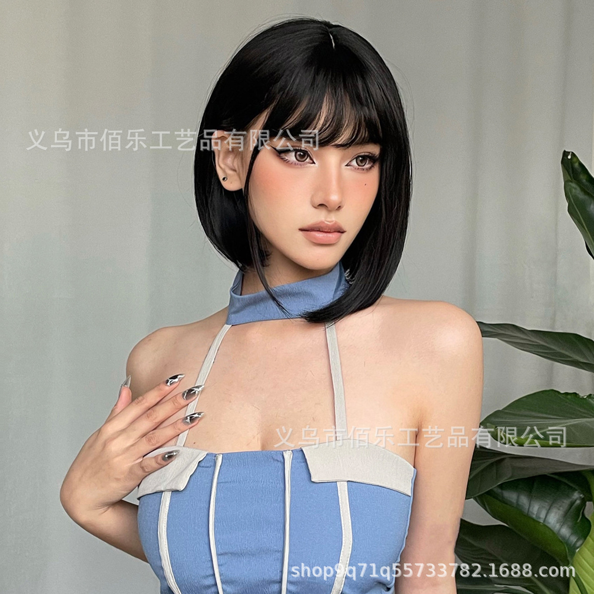 Peluca transfronteriza Qi flequillo cabeza de onda negra bobo pelo corto natural diario filamento químico fabricante spot wigs