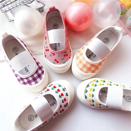 Export spring and autumn new Korean single girls shallow mouth floral elastic band canvas shoes baby soft sole toddler shoes children's shoes