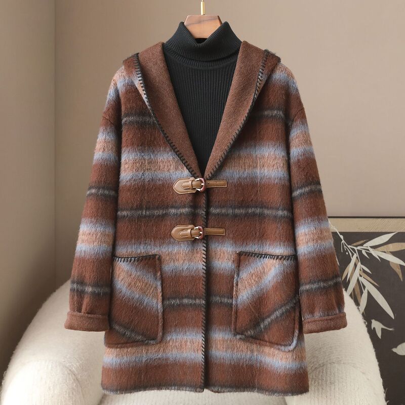 Small Quantity of Clothing 2026 Spring New Style 100% Wool Double-Sided Woolen Coat with Color-Blocked Plaid and Buckle Woolen Jacket for Women