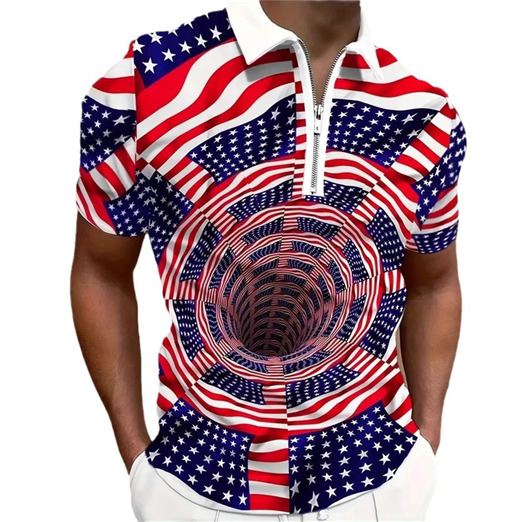Camisa POLO con cremallera suelta de manga corta con estampado 3D de vórtice visual de bandera australiana clásica para hombres