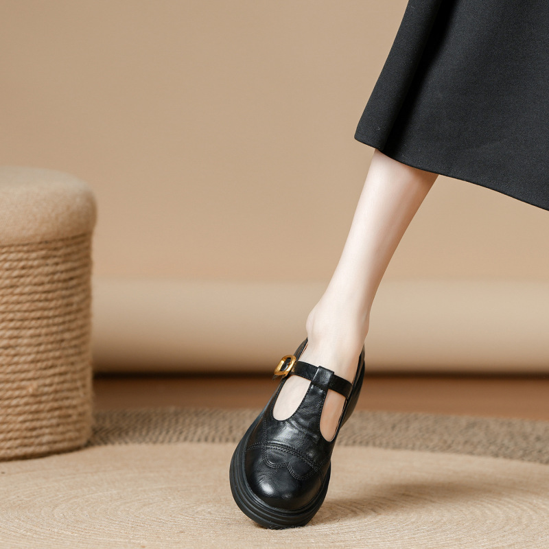 Giant Good Wear French Single-layer Shoes Women's Spring and Autumn Round Toe High Heels Thick Heel Genuine Leather Thick Sole Vintage All-match Mary Jane Shoes for Women