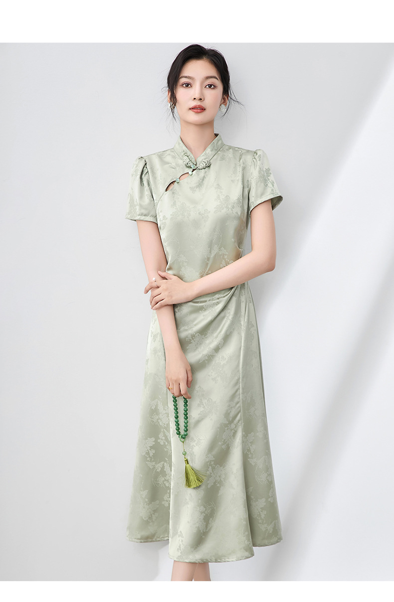 Đầm maxi nữ thắt eo phong cách sườn xám cổ điển, họa tiết phù điêu jacquard phương Đông — Màu xanh lá chi tiết 11