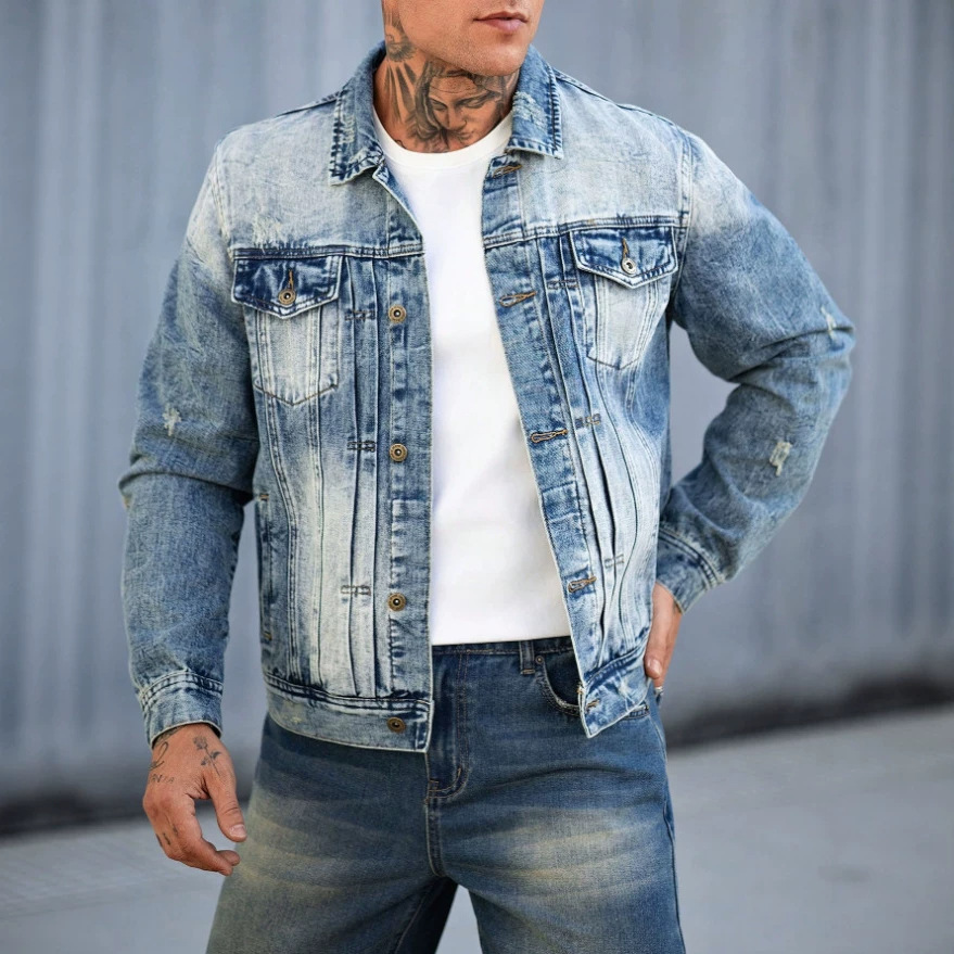 Men's Clothing Heavy Duty Denim Jacket Trendy Brand Pleated Gradient High Street Style Slight Stretch Outerwear_voghion.com