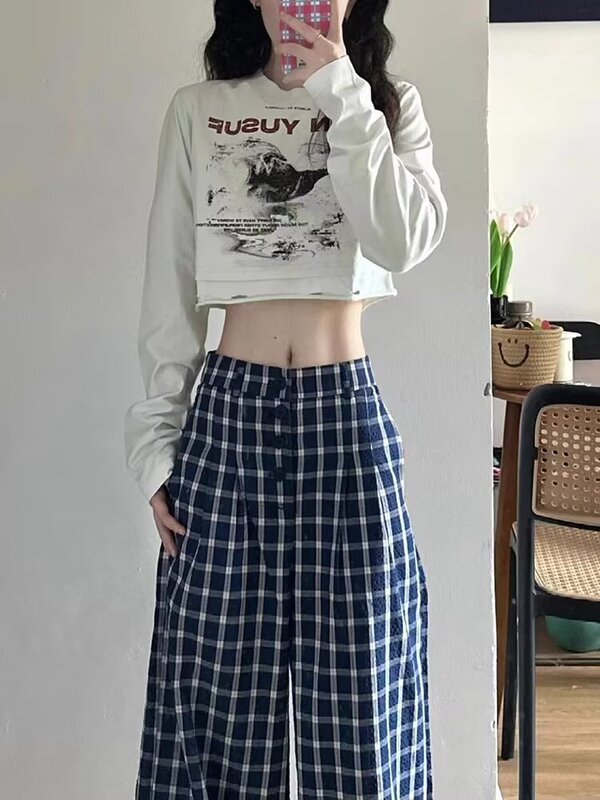 女性用レトロブルーチェック柄ワイドレッグパンツ、春夏アメリカンホットガール、ゆったりとしたレイジースタイルカジュアル韓国風フロアレングスパンツ|undefined