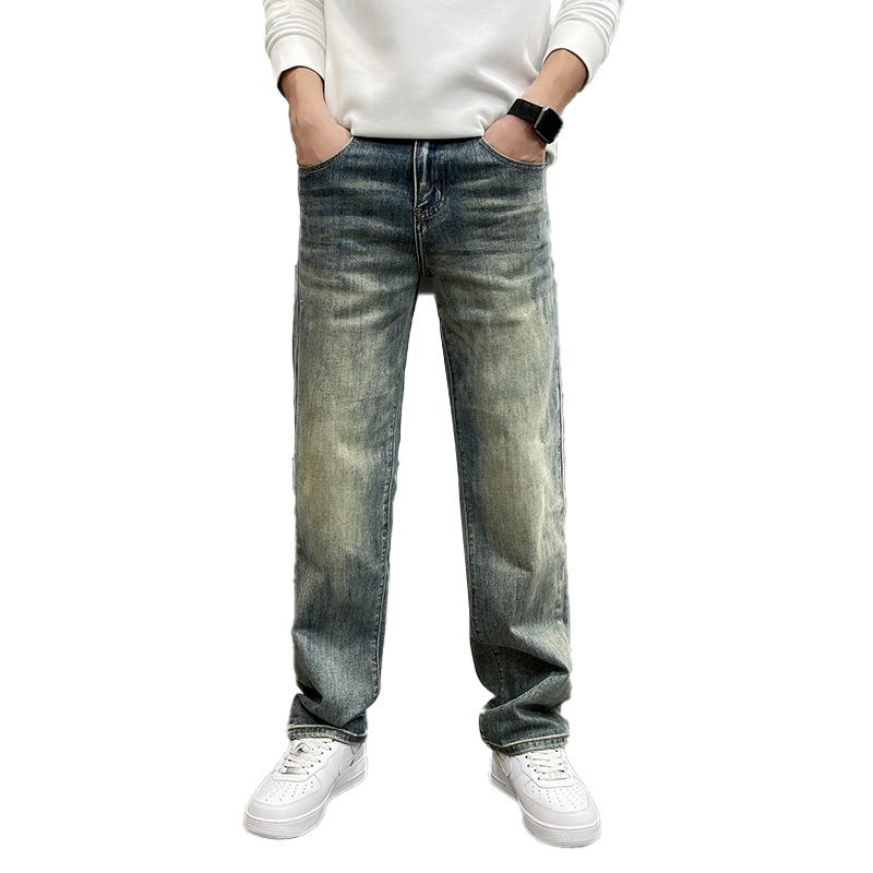 Men's Clothing Spring Retro High-End Printed Blue Jeans Loose Fit Straight Leg Casual Pants For Men_mkmklike.com