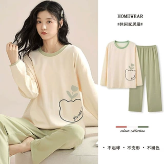 春秋森系简约休闲风睡衣女长袖棉质可外穿减龄慵懒冬季家居服套装