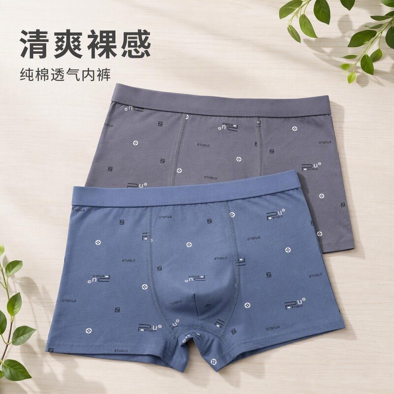 Men's cotton boxer briefs, breathable and comfortable, with printed designs, mid-waist, and available for wholesale