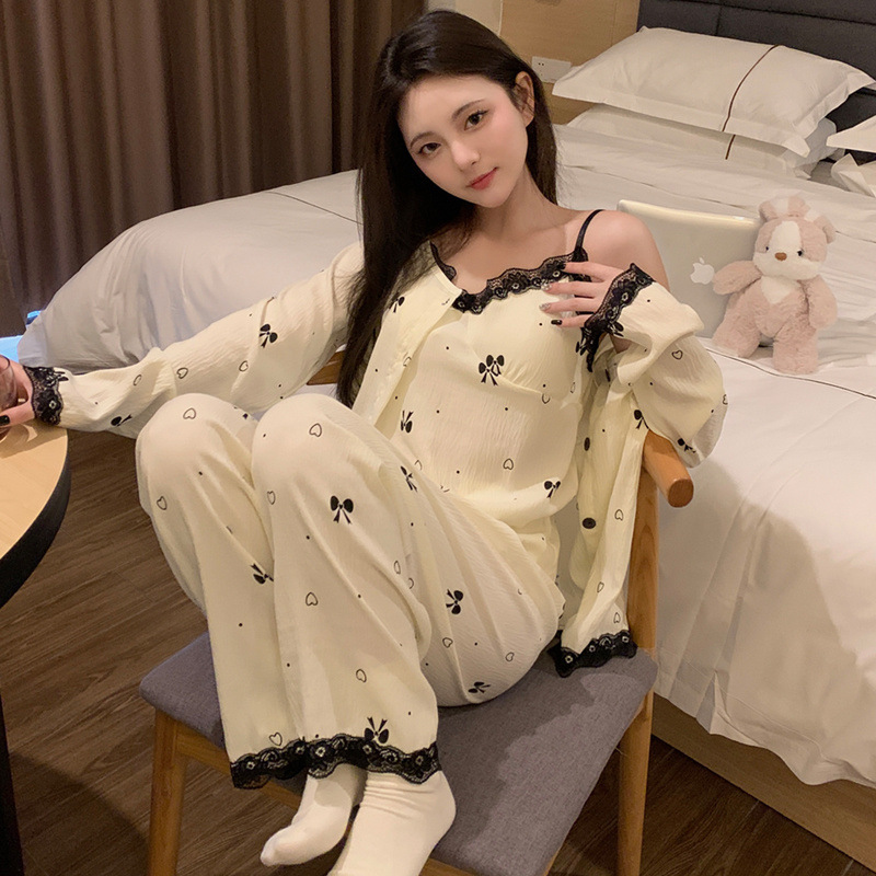 クラウドコットンパジャマ女性の春と秋の胸パッド付き長袖セクシーなサスペンダースリーピースセット甘い純粋な欲望スタイルのホーム服|undefined