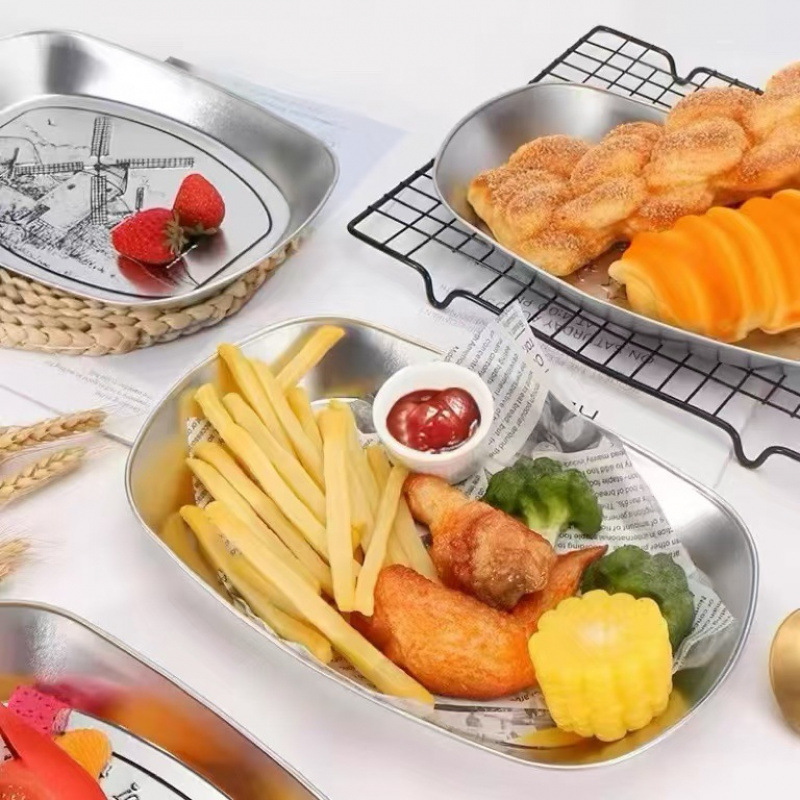 Tinplate Tray Retro Household Stainless Steel Camping Style Picnic Plate Snack Fried Food Barbecue Fruit Plate Preparation Plate