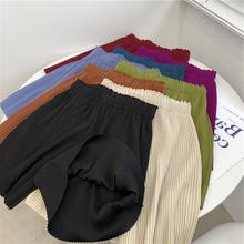 压褶褶皱雪纺短裤女2024夏季纯色孔雀蓝高腰阔腿五分裤热裤休闲裤