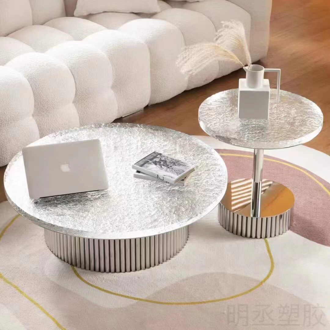 厚板亚克力石头纹桌面茶几轻奢家具意式圆形家用小边几异型切割