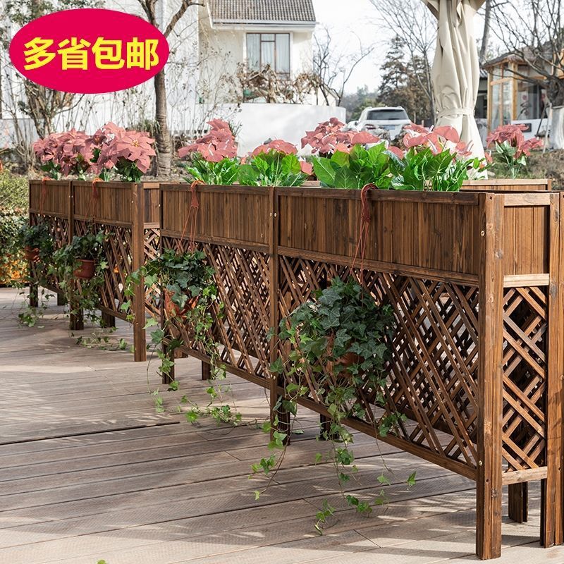 Restaurant Partition Flower Stand Outdoor Anti-Corrosion Wood Fence Balcony Grid Fence Flower Pot Rack Indoor Solid Wood Storage Rack