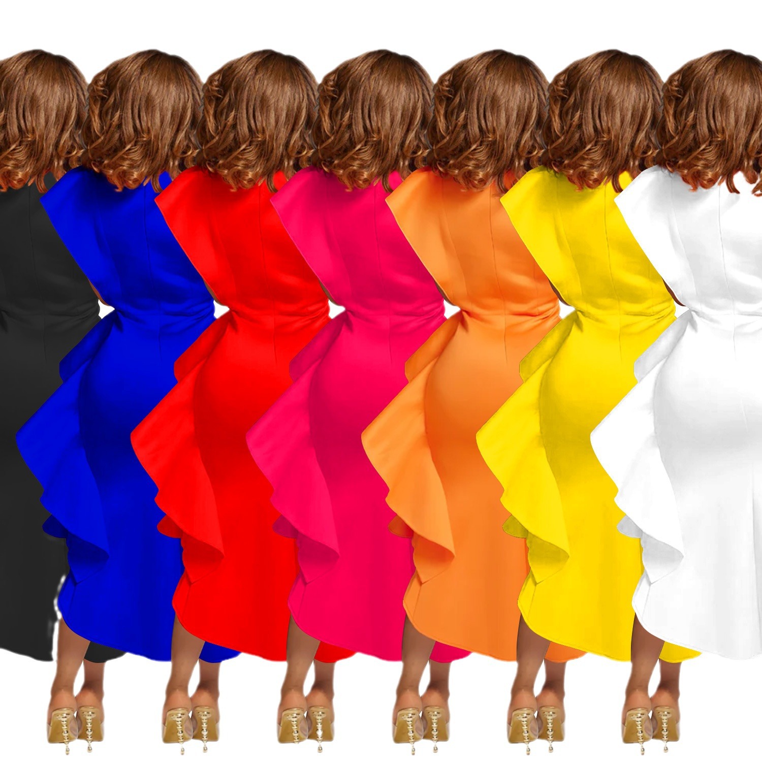 C6740 transfronterizo AliExpress Amazon de las mujeres de moda europea y americana de color sólido cinturón con volantes vestido irregular