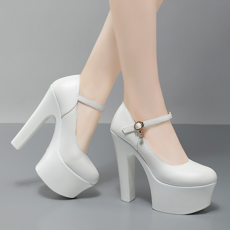 15cm White High Heels Women's Round Toe Thick Heel Thick Sole Waterproof Platform Cheongsam Catwalk Shoes Model Performance Flats Wholesale