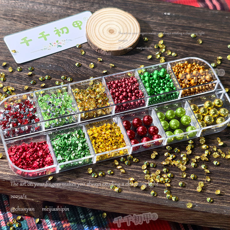 12-Colorful Christmas Gravel Pearl Nail Art Jewelry Mixed with Sparkling Pointed Bottom Diamonds DIY Nail Decorations Wholesale