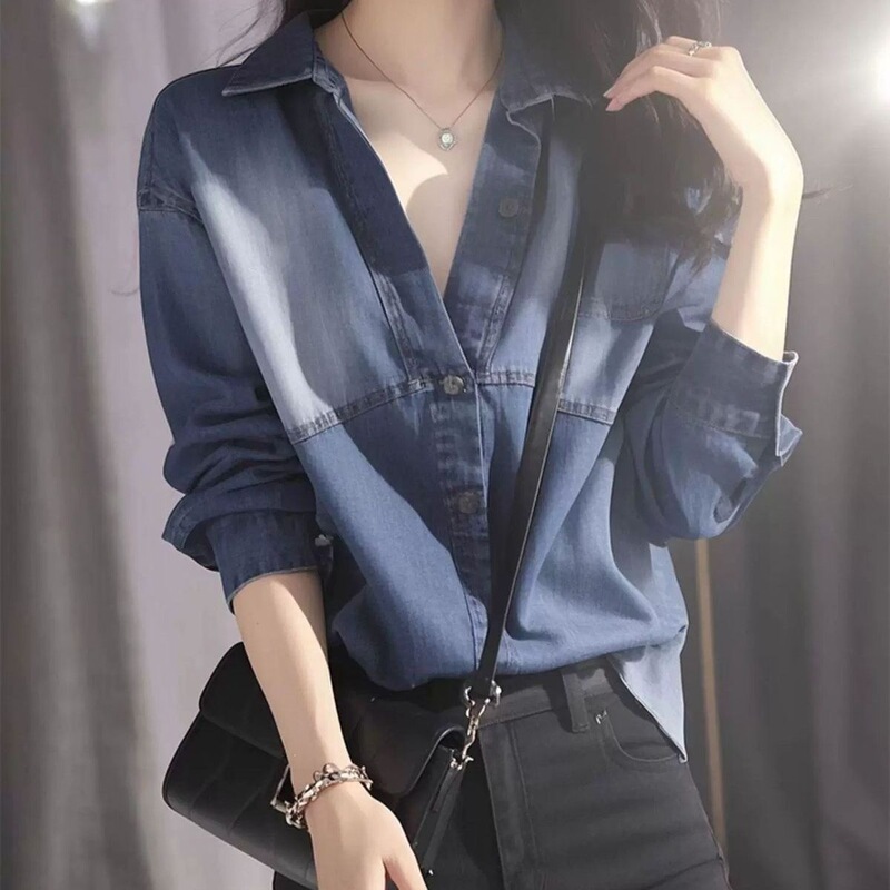 2025 Spring Fashionable and Chic French Style Youthful Light Luxury Niche Blue Denim Shirt for Women