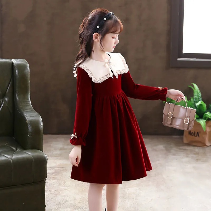 Vestido de estudiante de niñas primavera nuevo estilo occidental Otoño e Invierno ropa niña princesa vestido niños Año Nuevo saludo ropa falda de moda