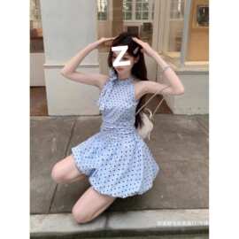 ***蓝色波点挂脖连衣裙女26新款夏季气质海边度假花苞短裙薄纱