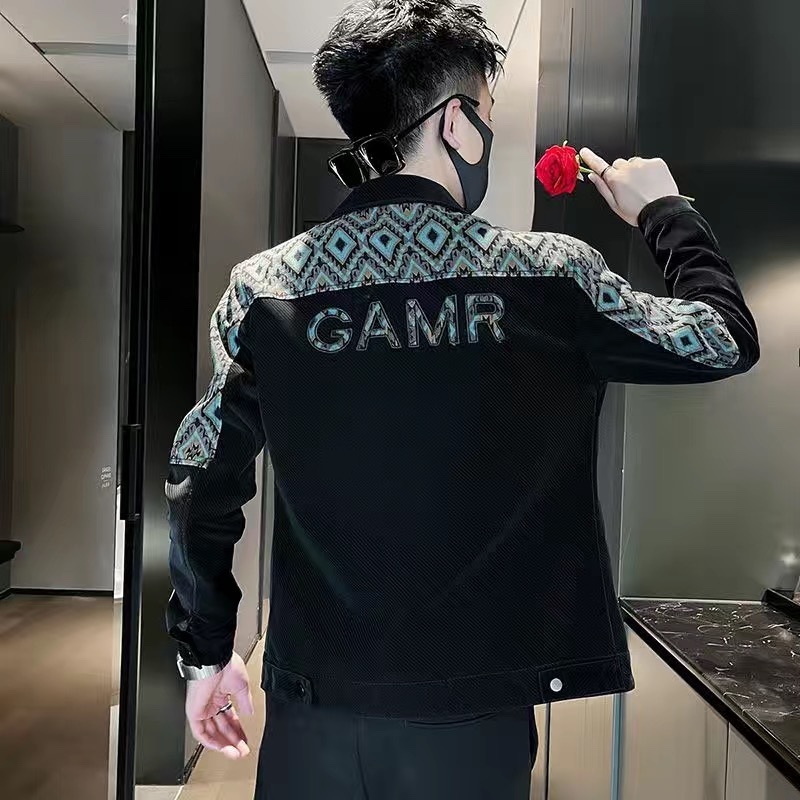 春秋季外套男痞帅潮流休闲男装翻领上衣2024新款百搭拼色修身夹克