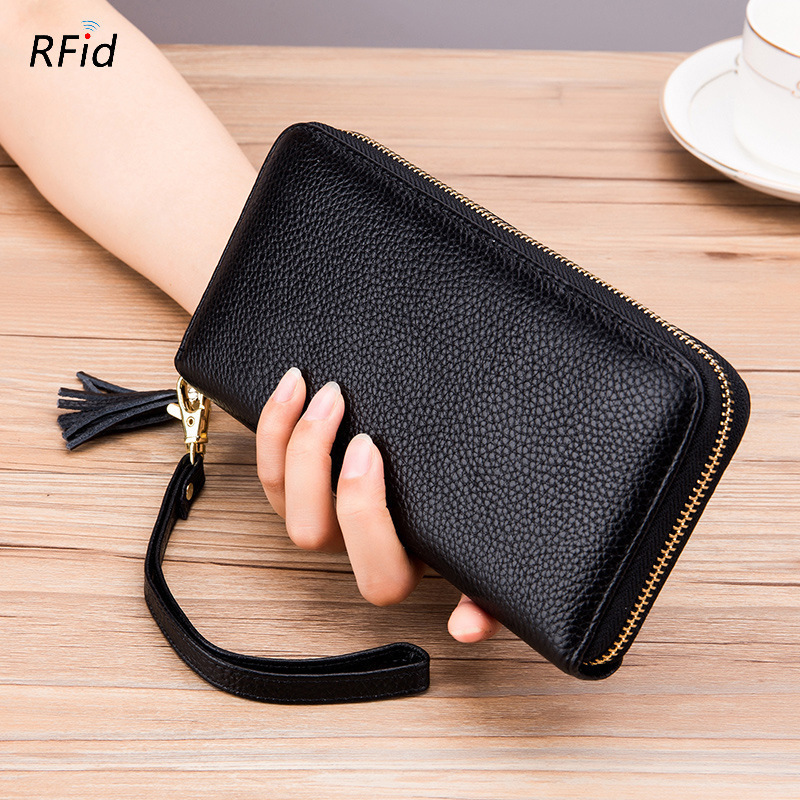 Japanese and Korean Style Genuine Leather Multi-Card Slot Credit Card Zipper Long Wallet with Tassel and Lychee Pattern for Women