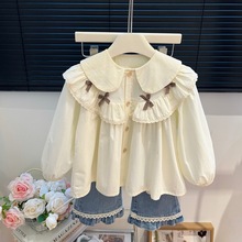 女童春秋新款衬衫蝴蝶结花边衬衣女宝宝新潮洋气百搭外套时尚上衣