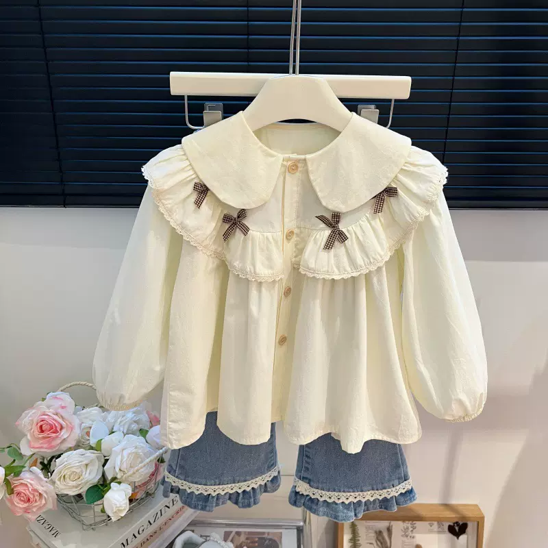 女童春秋新款衬衫蝴蝶结花边衬衣女宝宝新潮洋气百搭外套时尚上衣