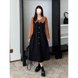 大码长袖百搭A字长裙撞色松弛感娃娃领连衣裙女