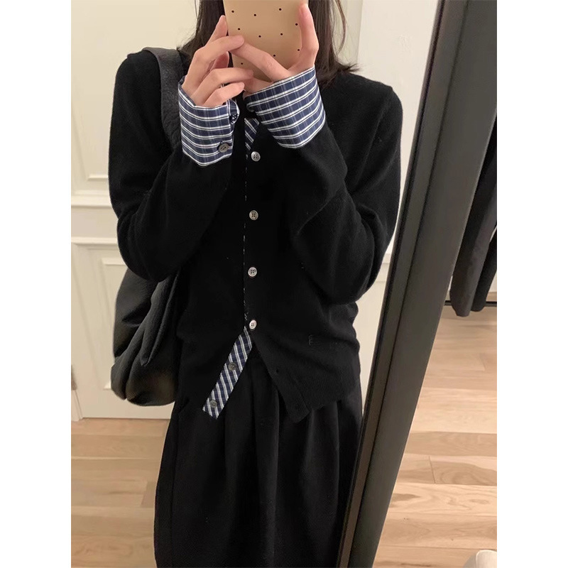 春秋冬季针织开衫女韩系减龄单排扣上衣外套撞色格纹拼接黑色毛衣|undefined