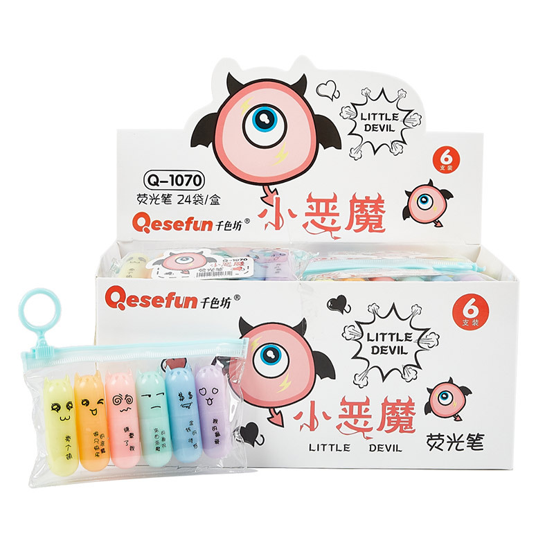Q1070 niños mini resaltador pequeño diablo resaltador 6 colores 6 marcador de dibujos animados portátil de estudiante de una sola cabeza