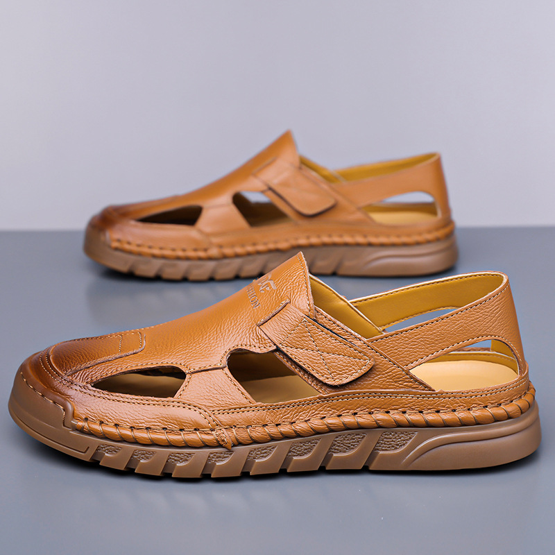Zapatos de verano para hombres con suela suave transpirables zapatos casuales con un pie de calzado, sandalias de cuero vacías cosidas a mano