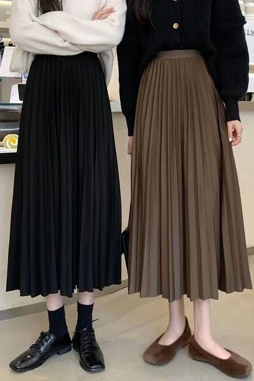 黑色半身裙女秋季2025年新款裙子秋冬中长款百褶裙显瘦高腰A字裙|undefined