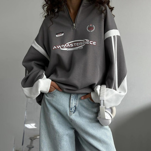 American Style Retro Half Zipper Collar Jacket Trendy Brand Street Popular Letter Printing Contrast Color Sports Sweatshirt Women's Autumn