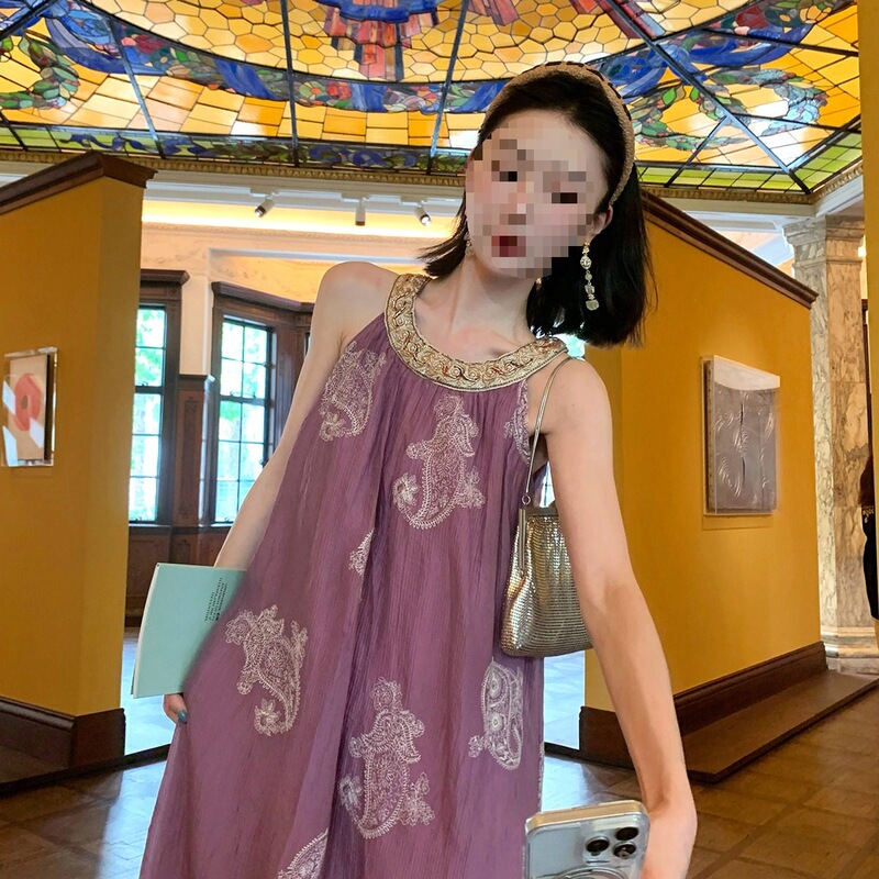 Lu Qingyi Original【Ying Yanyu】Vintage Tencel Embroidered Dress for Women Summer Purple Strap Dress with Beaded Top Lu Qingyi Original【Ying Yanyu】Vintage Tencel Embroidered Dress for Women Summer Purple Strap Dress with Beaded Top