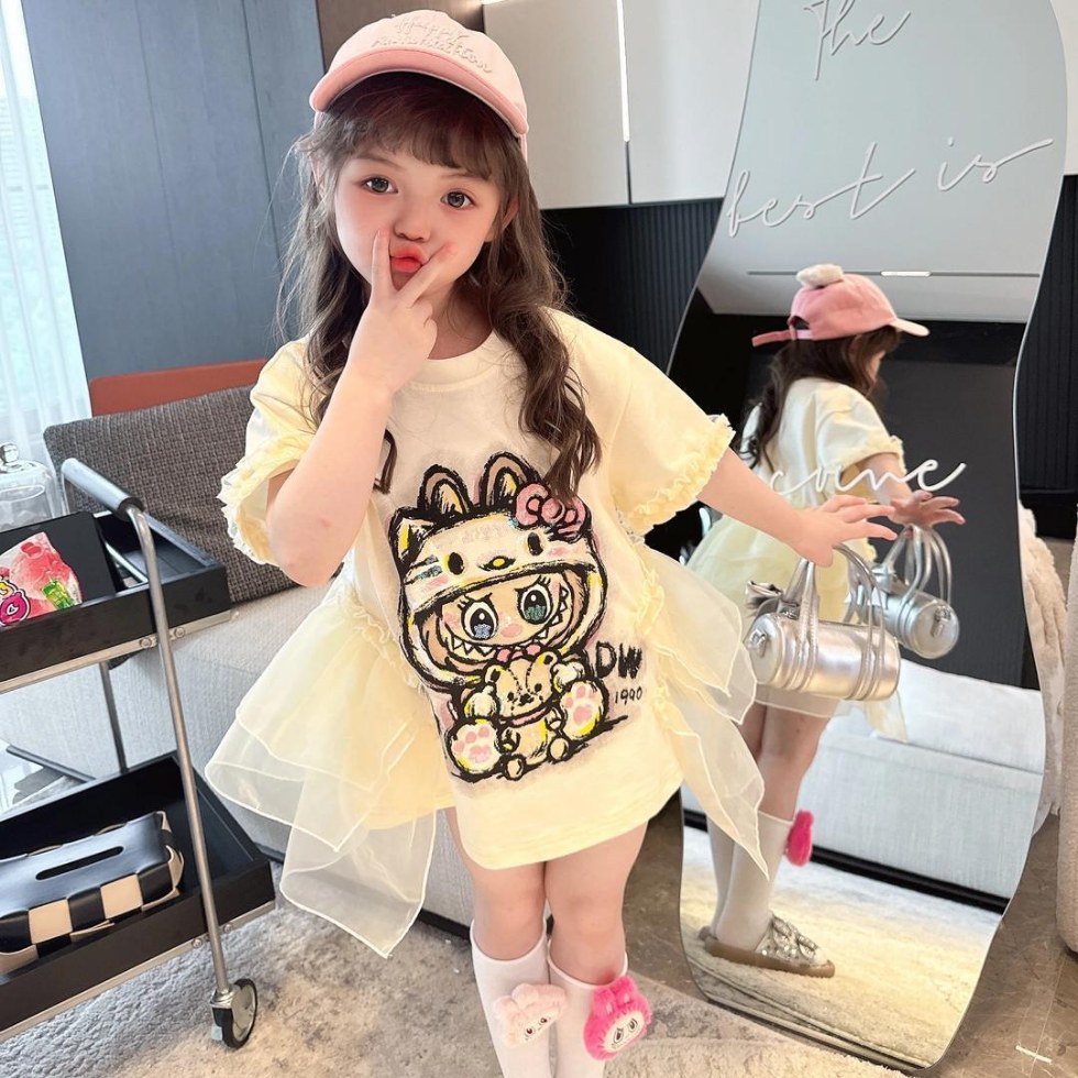 2025 New Cartoon Mesh Fishtail Dress Girls Summer Short Sleeve High-End Girly Style Lace Princess Dress