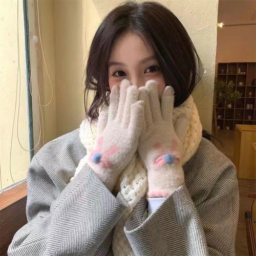 Touch screen knitted gloves for women in autumn and winter woolen warm five-finger cute student winter cycling new bow