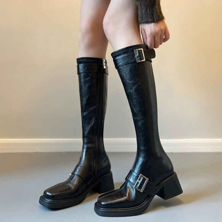 Cowhide French Square Toe Belt Buckle Chunky High Heel 5C Fashionable British Style Slimming Long Boots Women's Slim Boots Women's Boots