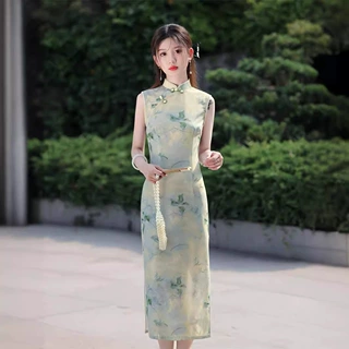 2024夏季新款网纱印花无袖长款旗袍改良版连衣裙绿色国风修身旗袍
