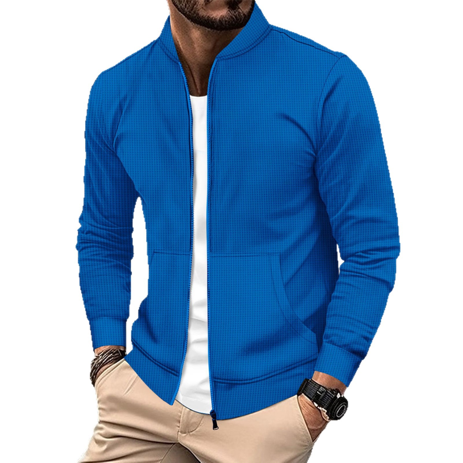 Herren-Baseballjacke mit langen Ärmeln, Waffelstrick, einfarbig, Reißverschlusstasche, europäisch-amerikanischer Stil, Frühling/Herbst_voghion.com