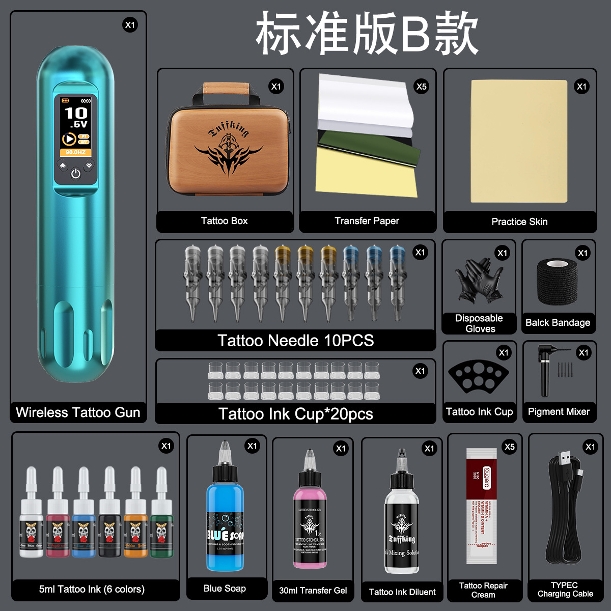 Tuffking pluma de batería inalámbrica conjunto de máquina de tatuaje de pantalla de color fuente de alimentación inalámbrica conjunto completo de equipos de tatuaje de corte de niebla