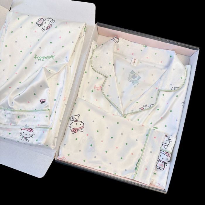 Al por mayor transfronterizo nuevo pijama de seda de hielo de mujer onda punto de dibujos animados gatito manga larga pantalones largos delgados set de ropa para el hogar