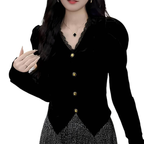 Regular patchwork lantern sleeve hip-hop style lace blouse black niche fashion temperament princess small town small size