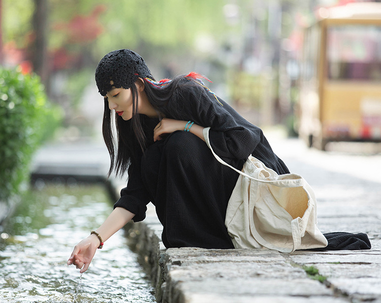 春夏V领线织肌理原麻宽松袍子双层大摆气质长款连衣裙复古仙女裙详情33