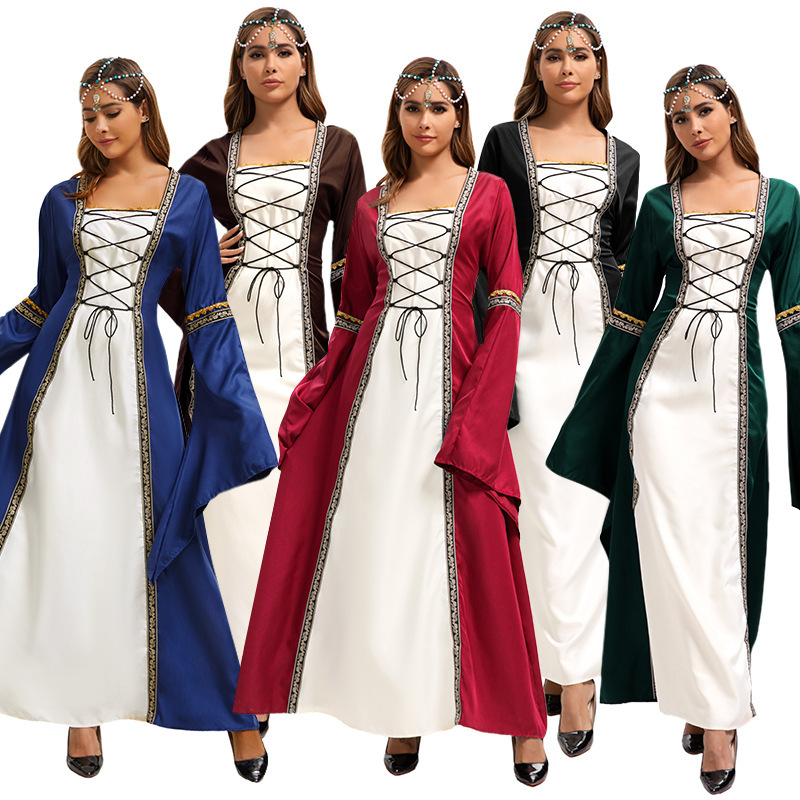 2025 European and American Square Collar Bell Sleeve Long Dress Gothic Retro Women's Clothing Medieval Palace Robe Large Size