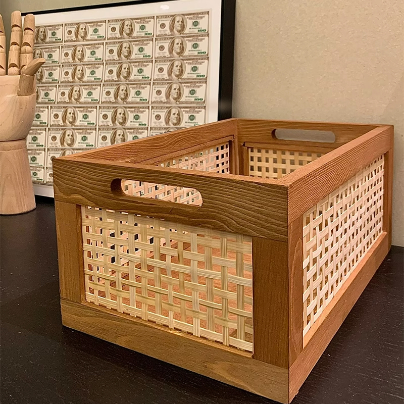 Caja de almacenamiento retro de madera maciza, cesta de almacenamiento de ratán para escritorio, para libros, refrigerios, cosméticos y almacenamiento en el hogar.