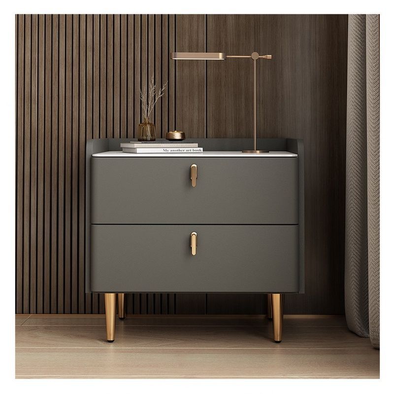 Modern minimalist double-drawer rock slab leather high-end internet-famous bedside storage cabinet, home-use Italian solid wood bedside table.