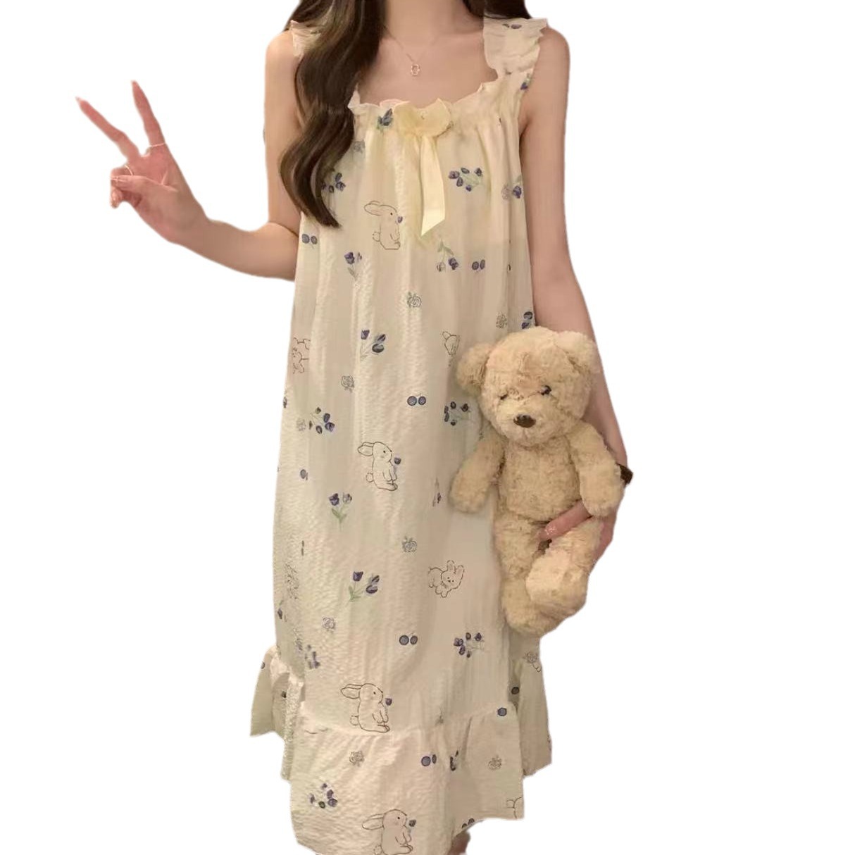 Verano nuevo pijama de algodón mujer burbuja arrugada lindos dibujos animados dulces flores literarias pijama casero al por mayor