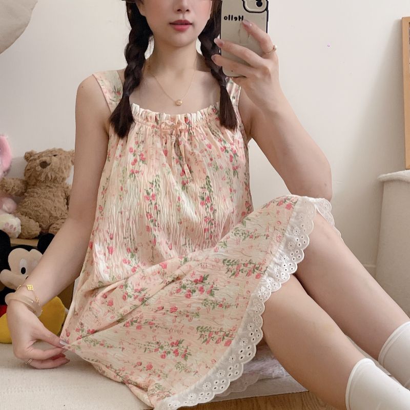 Nubes de verano, gasa de algodón, almohadilla para el pecho, camisón, camisón, verano femenino, dibujos animados de longitud media, ropa dulce para el hogar, pijamas, uso externo